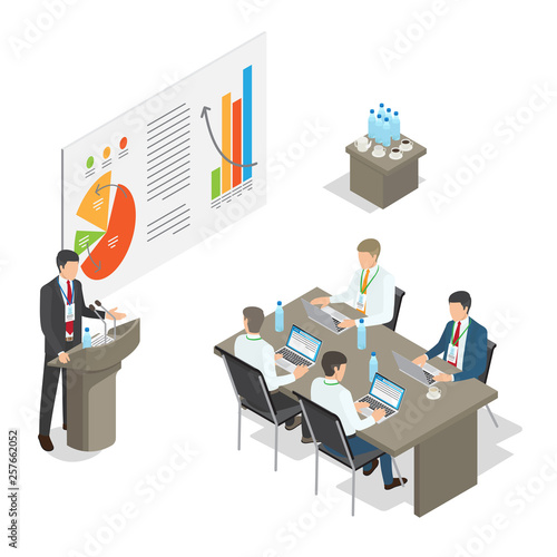 Business meeting top managers in office. For managers sitting at desk with laptops and leading specialist speaking at podium. Table with cups of tea and bottles of water in room vector illustration