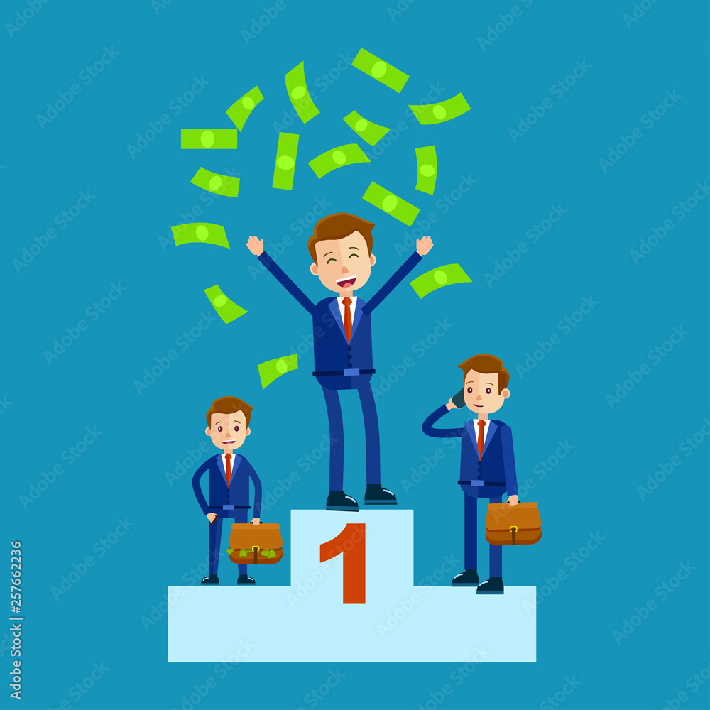Managers on top places with money rain isolated on blue. Green money falling on manager in first place, other two men standing with brown bags full of money vector illustration in cartoon style. Managers on top places with money rain isolated on blue. Green money falling on manager in first place, other two men standing with brown bags full of money vector illustration in cartoon style.