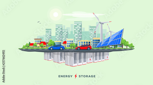 Vector illustration of backup rechargeable lithium-ion underground battery grid storage and renewable solar wind electrical power station with city skyline buildings and cars on the street on island. 