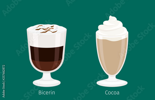 Glass cup with cocoa flat vector. Sweet invigorating drinks with caffeine. Tasty bicerin with cream, hot chocolate and nasty additives illustration for coffee house and cafe menu design