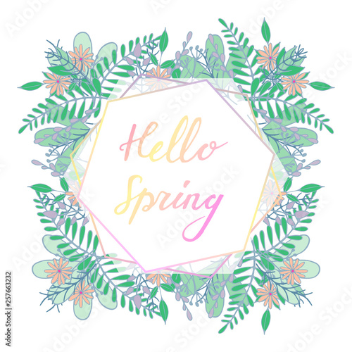 Handdrawn Floral frame with greeting Hello Spring