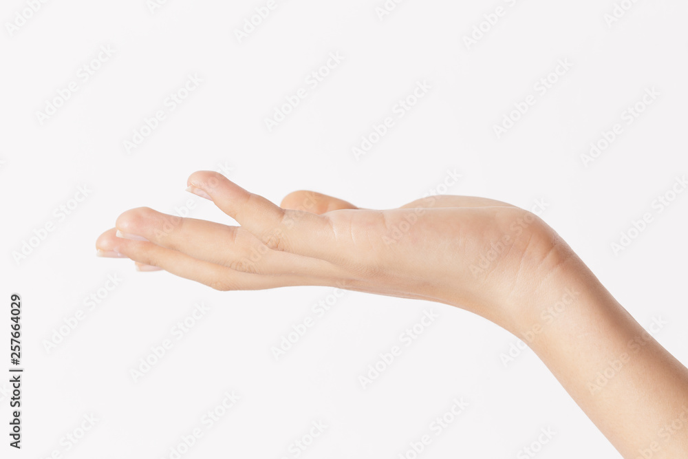Woman hand showing on white background Woman hand showing on white background