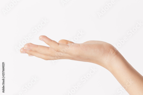 Woman hand showing on white background