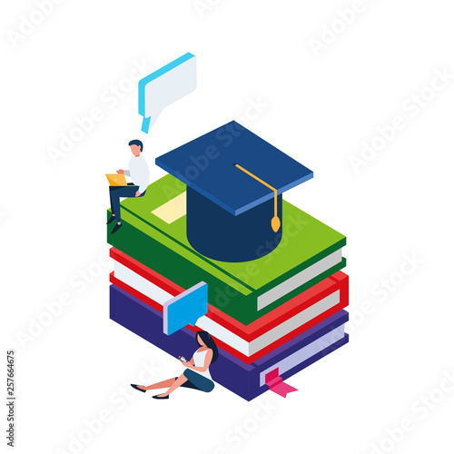 pile text books with hat graduation and minipeople