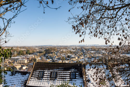 Elevated view across a snowy Bradford on Avon and Wiltshire countryside