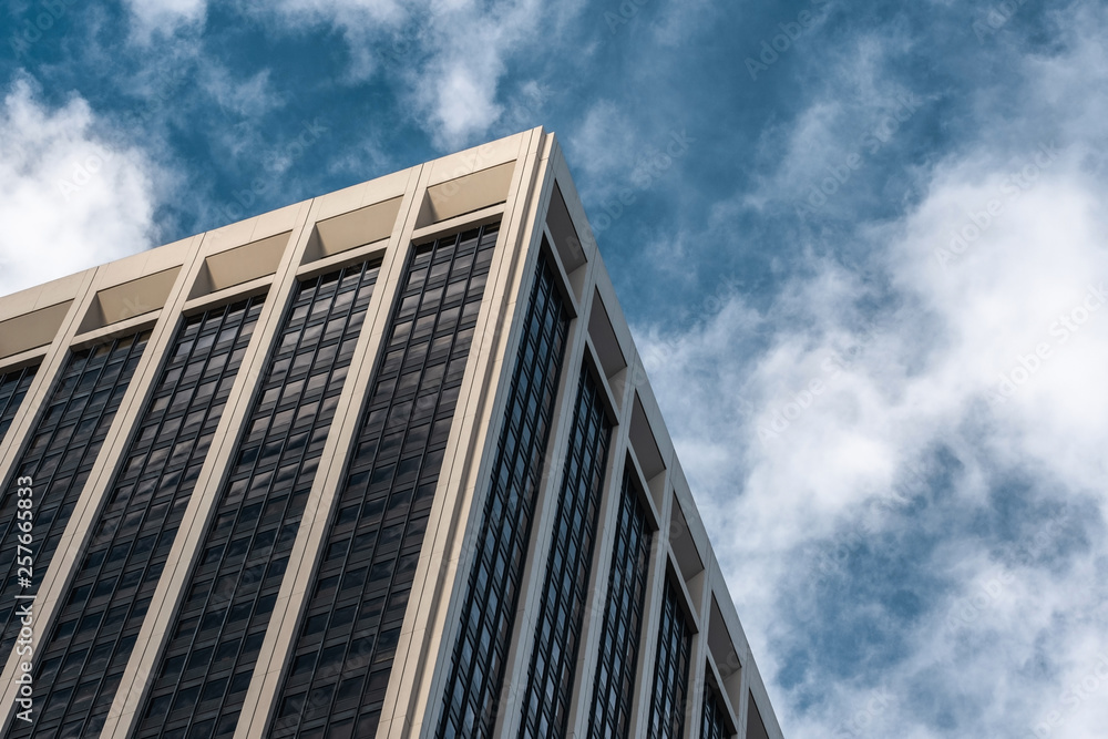Close-up view of modern skyscrapers in Financial District Lower Manhattan New York City