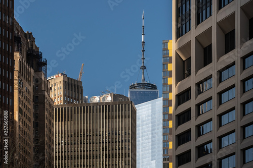 Close-up view of modern skyscrapers in Financial District Lower Manhattan New York City