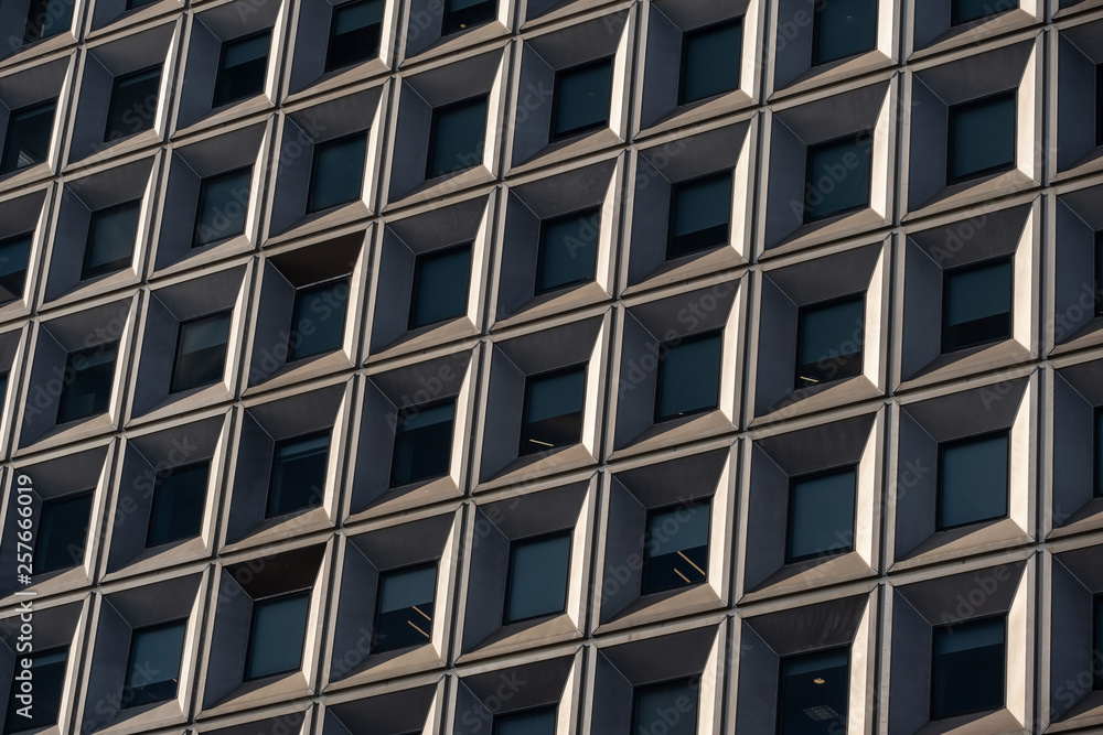 Close-up view of modern skyscrapers in Financial District Lower Manhattan New York City