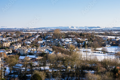 Elevated view looking across Georgian Bradford on Avon in the snow Wiltshire, UK
