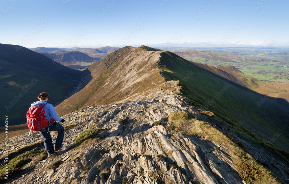 A female hiker walking along a rocky ridge from Hopegill Head towards Whiteside on a sunny day in the English Lake District, UK.