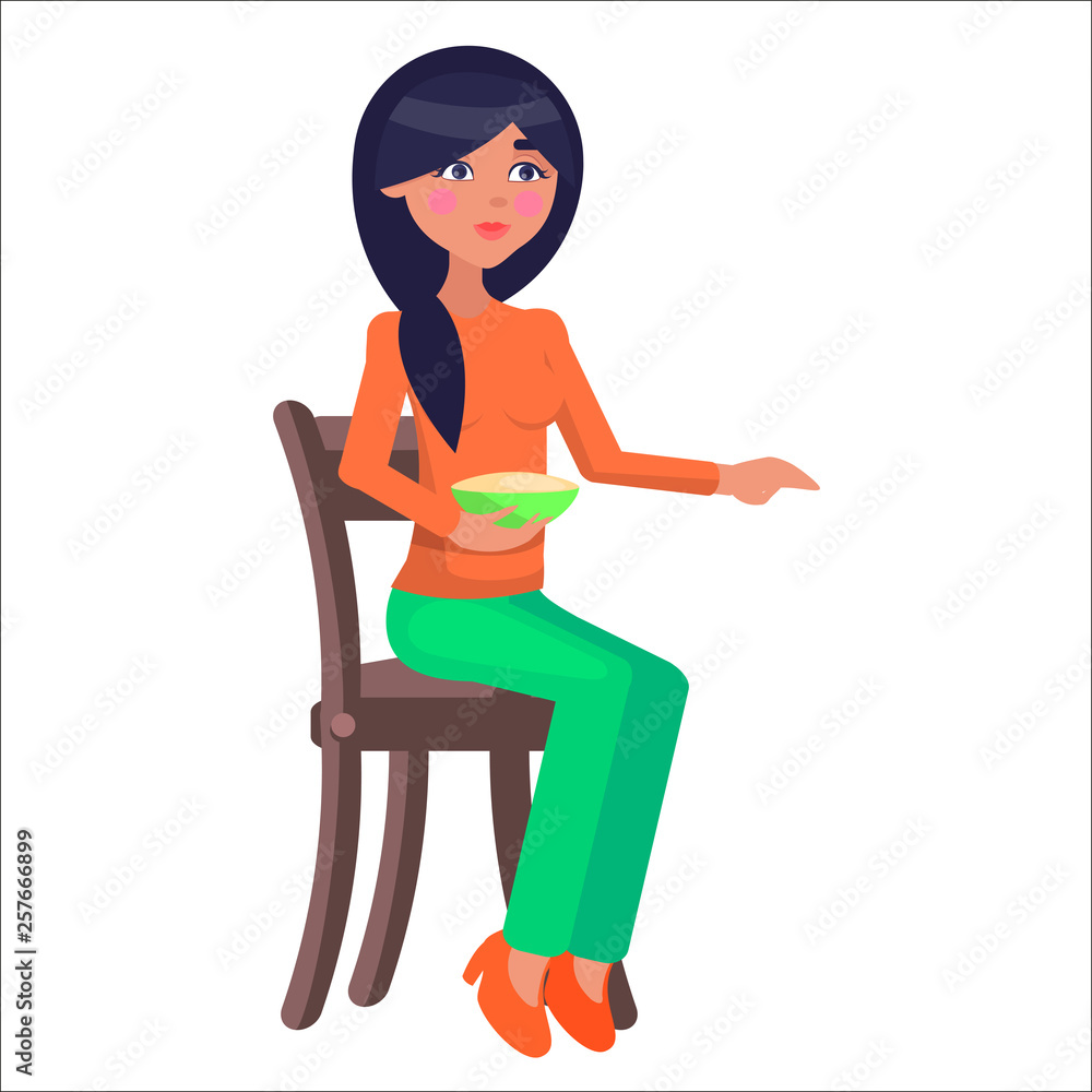 Young woman on diet. Beautiful brunet female in casual clothing seating on chair with bowl of porridge flat vector isolated on white. Eating dietary food illustration for healthy nutrition concepts Young woman on diet. Beautiful brunet female in casual clothing seating on chair with bowl of porridge flat vector isolated on white. Eating dietary food illustration for healthy nutrition concepts