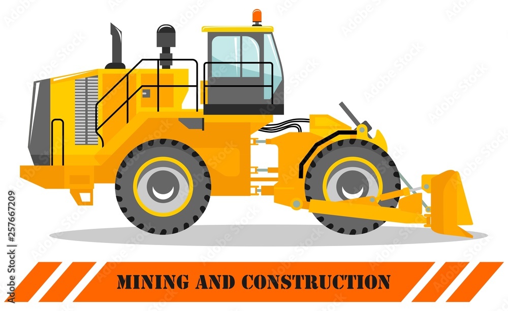 Naklejka premium Wheel dozer. Bulldozer. Detailed illustration of heavy mining machine and construction equipment. Vector illustration.