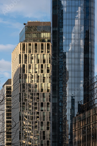 Close-up view of modern skyscrapers in Financial District Lower Manhattan New York City