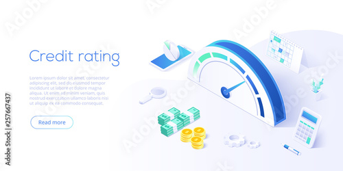 Credit score or rating concept in isometric vector illustration. Loan history meter or scale for creditworthiness report. Web banner layout template.