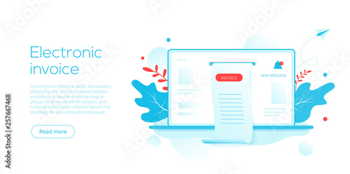 Electronic receipt or invoice in flat vector illustration. Digital bill for online internet banking concept. Online transaction via laptop. Website or webpage layout template.