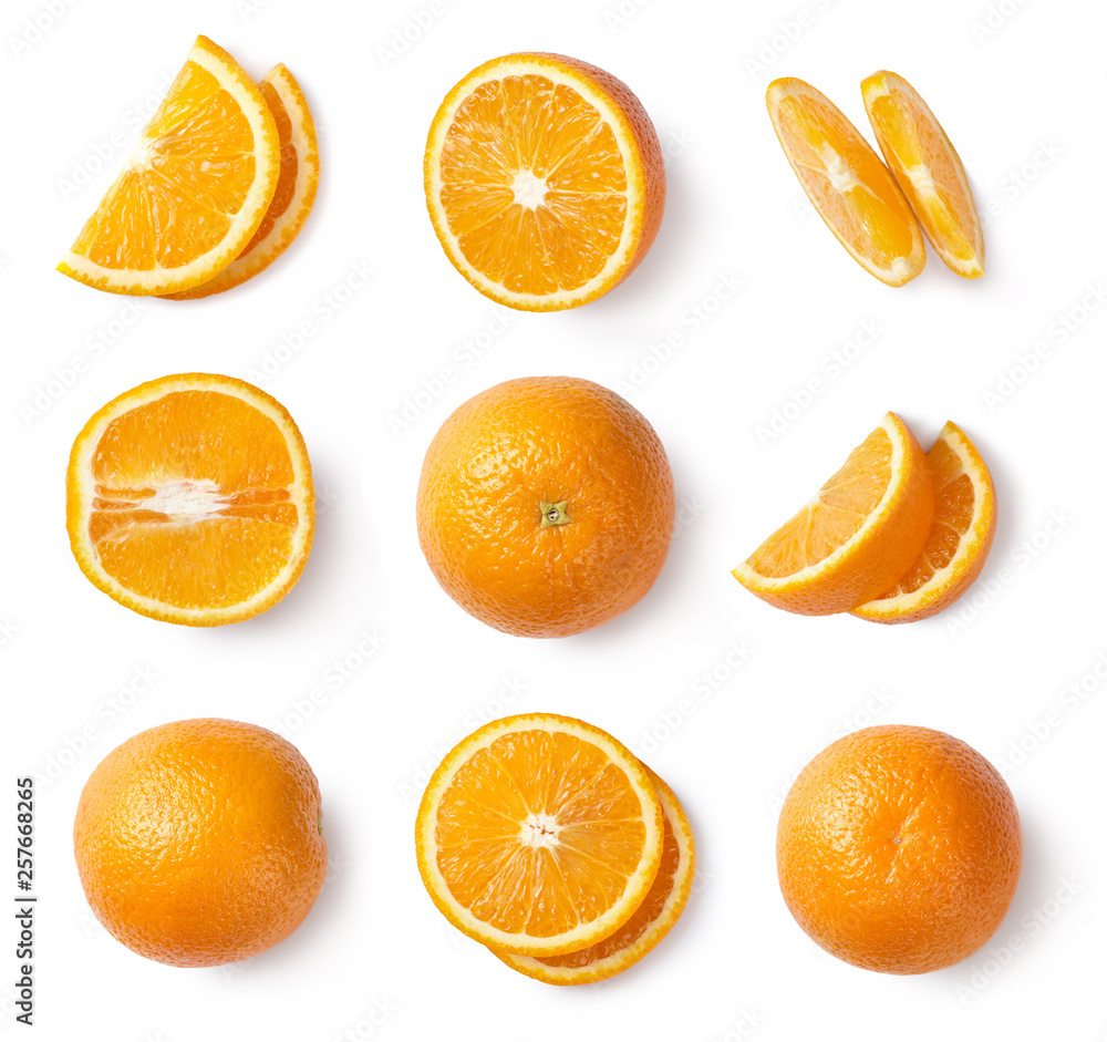 Orange slices, whole orange, half of orange isolated on white background. Top view. Orange slices, whole orange, half of orange isolated on white background. Top view.