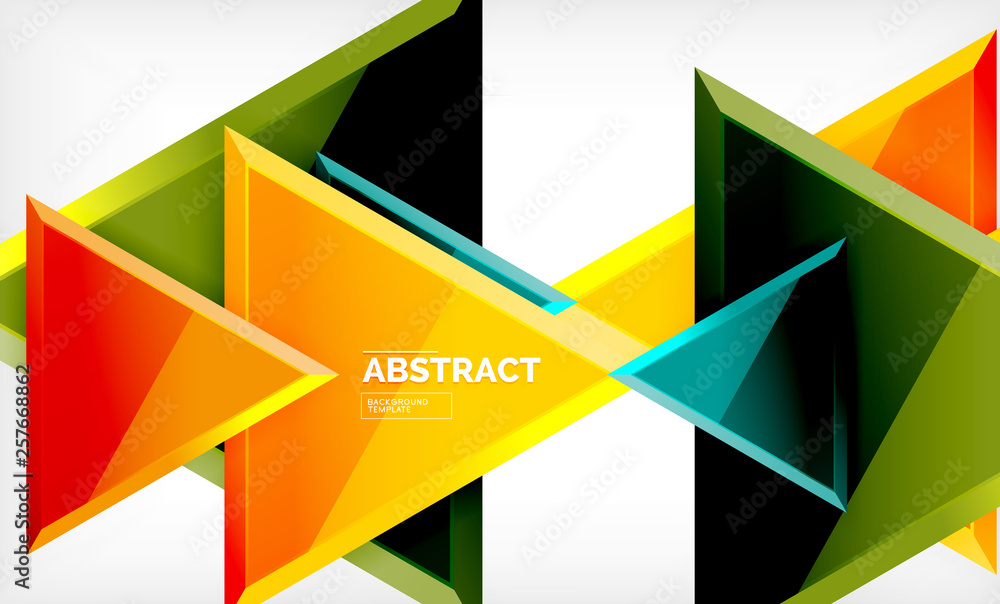 Triangles repetiton geometric abstract background, multicolored glossy triangular shapes, hi-tech poster cover design or web presentation template with copy space Triangles repetiton geometric abstract background, multicolored glossy triangular shapes, hi-tech poster cover design or web presentation template with copy space
