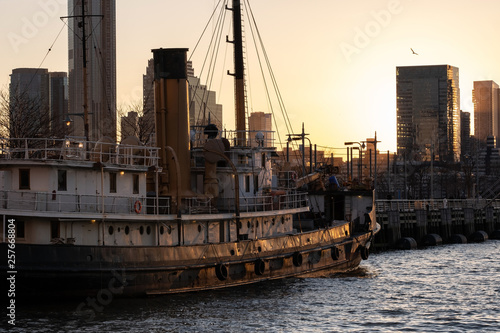 Sailing ship parking at pier 26 by Hudson river at sunset view from TriBeCa New York City © Edi Chen