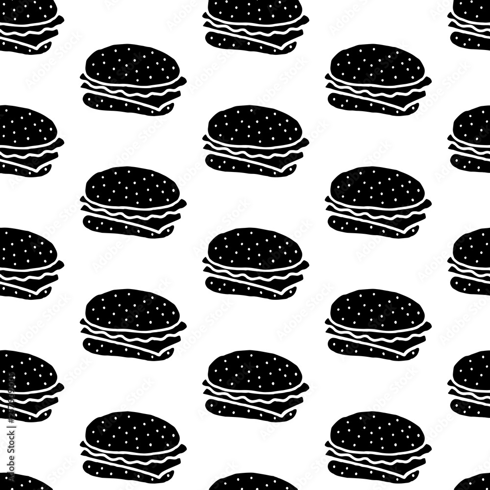Cute cartoon hamburger background with hand drawn hamburgers. Sweet vector black and white hamburger background. Seamless monochrome doodle hamburger background for fabric, wallpapers and wrap. Cute cartoon hamburger background with hand drawn hamburgers. Sweet vector black and white hamburger background. Seamless monochrome doodle hamburger background for fabric, wallpapers and wrap.