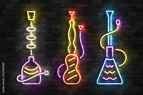 Vector set of realistic isolated neon sign of Hookah logo for template decoration and covering on the wall background.