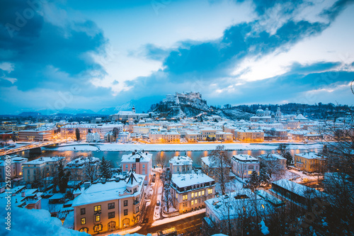 Classic view of Salzburg at Christmas time in winter  Austria