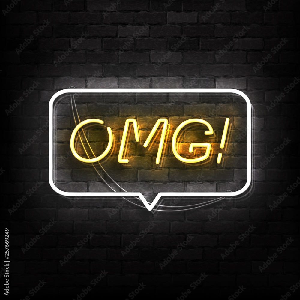 Obraz premium Vector realistic isolated neon sign of OMG logo for template decoration on the wall background. Concept of social media expression.