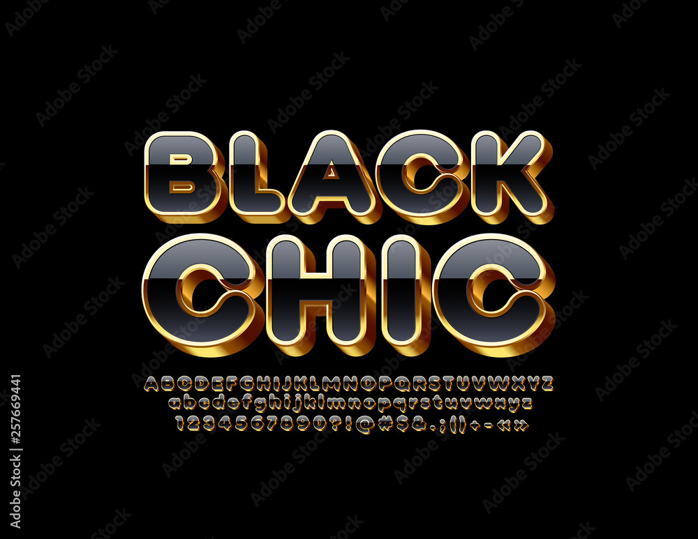 Vector chic Black Font. Glossy Alphabet Letters, Numbers and Symbols.