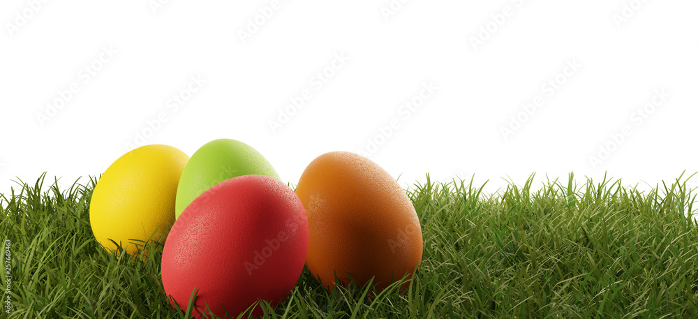 Colorful Easter eggs for Easter in the grass of a meadow 3d-illustration
