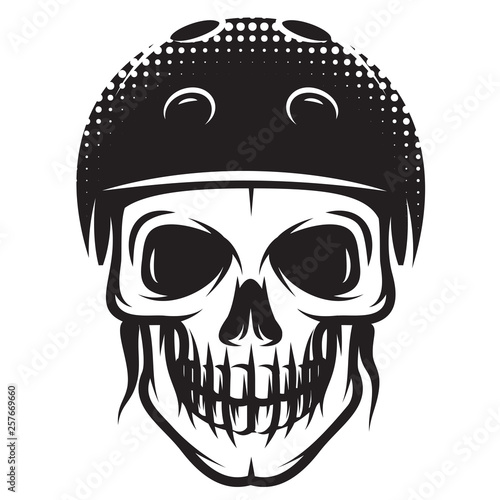 Vector monochrome illustration on the theme of skateboarding with skull and helmet