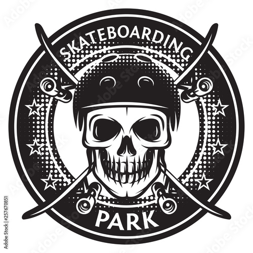 Vector monochrome illustration on the theme of skateboarding with skull and helmet