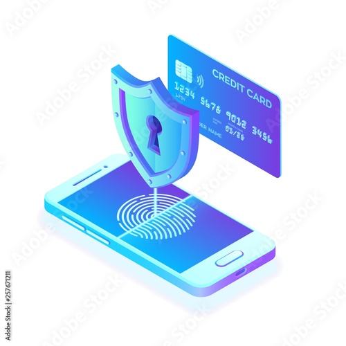 Secure payments. Data protection concept. Personal data protection. Credit card check and software access data as confidential. 3d isometric flat design. Vector illustration.