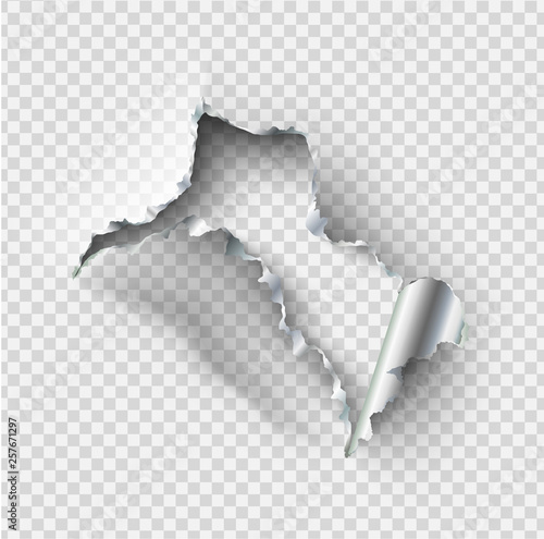 ragged Hole torn in ripped steel metal on transparent