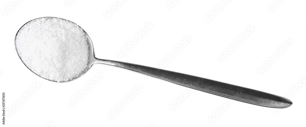 top view of tablespoon with grained Rock Salt - obrazy, fototapety, plakaty 