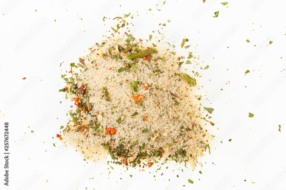 top view of pile of seasoned salt with vegetables - obrazy, fototapety, plakaty 