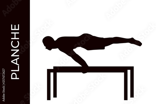 Male athlete silhouette doing calisthenics planche exercise isolated on white background. Functional training with own weight. Street workout training. Vector illustration for web and printing.