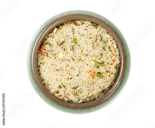 top view of ceramic salt cellar with flavored salt