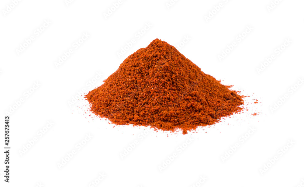 milled or ground paprika or red pepper heap isolated on white background. front view milled or ground paprika or red pepper heap isolated on white background. front view
