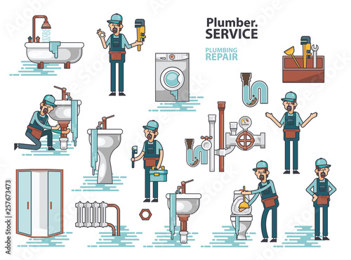 Vector set of professional plumbers repairing the broken home facilities, washbasin, toilet, cabin, washing machine, radiator, clog of pipes. 