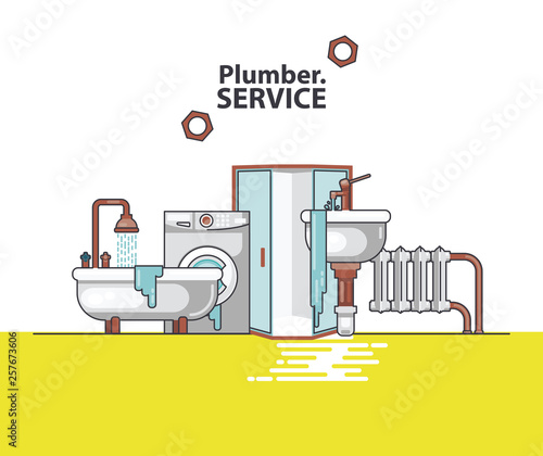 Vector set of professional plumbers repairing the broken home facilities, washbasin, toilet, cabin, washing machine, radiator, clog of pipes. 