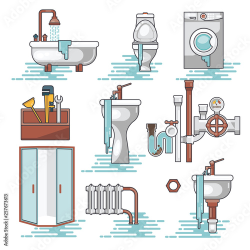Vector set of professional plumbers repairing the broken home facilities, washbasin, toilet, cabin, washing machine, radiator, clog of pipes. 