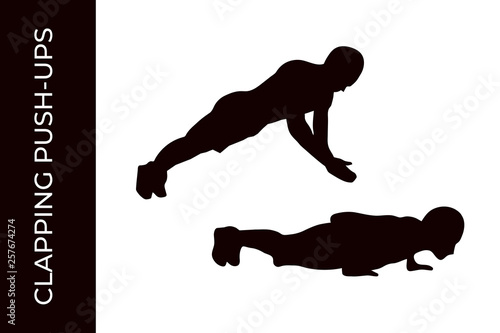 Male athlete silhouette doing calisthenics clapping push-ups exercise isolated on white background. Functional training with own weight. Training at home. Vector illustration for web and printing.