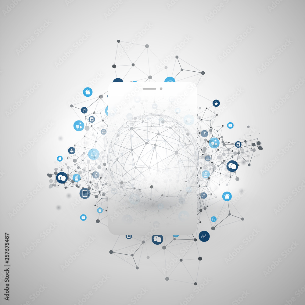 Obraz premium Internet of Things, Cloud Computing Design Concept with Mobile Phone Silhouette and Icons - Digital Network Connections, Technology Background 