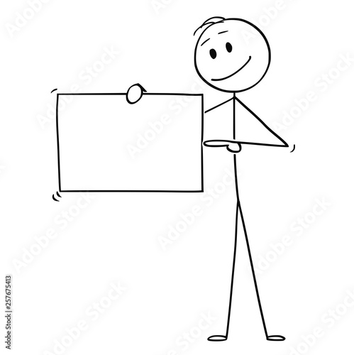 Cartoon stick figure drawing conceptual illustration of man or businessman holding empty sign and pointing at it,