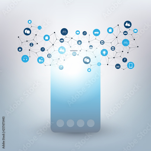 Internet of Things Design Concept with Mobile Phone Silhouette and Icons - Digital Network Connections, Technology Background 