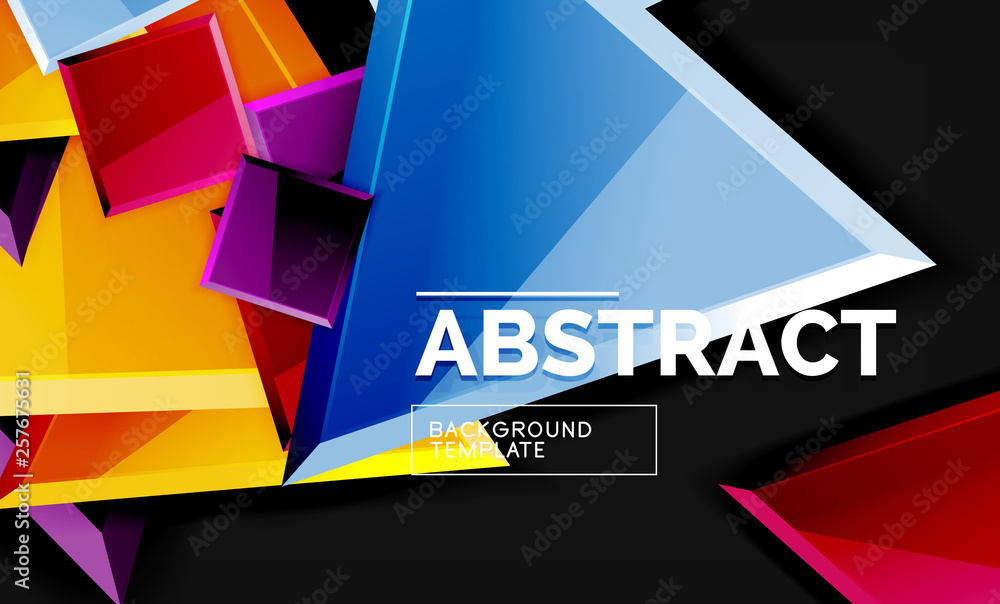 Glossy mosaic style geometric shapes - squares and triangles on black