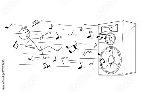 Cartoon stick figure drawing conceptual illustration of man and big loudspeaker or speaker which blow him away by loud music or sound represented by flying notes.
