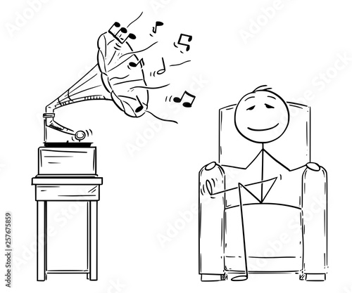 Cartoon stick figure drawing conceptual illustration of man sitting in comfortable armchair and enjoying hearing music from antique gramophone with eyes closed.