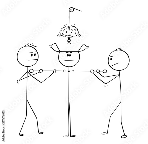 Cartoon stick figure drawing conceptual illustration of two technicians constructing or assembling together man or human being from parts.
