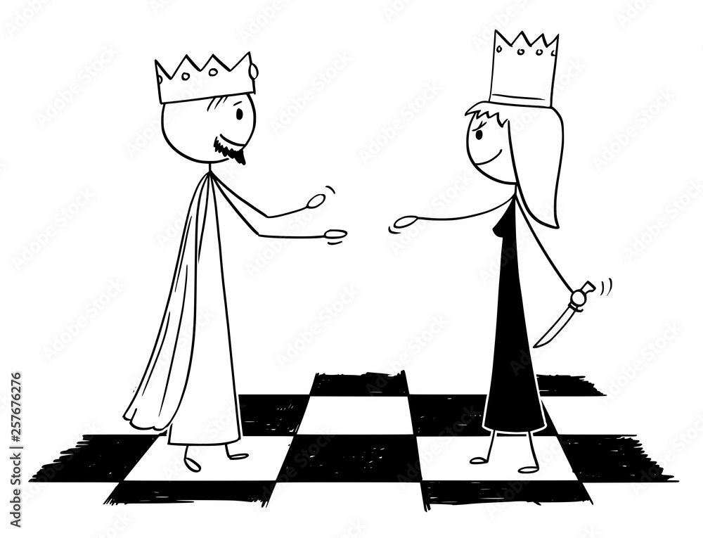 Cartoon stick figure drawing conceptual illustration of white chess king is warmly welcoming black queen hiding knife and pretending friendship. Stock Vector | Adobe Stock Cartoon stick figure drawing conceptual illustration of white chess king is warmly welcoming black queen hiding knife and pretending friendship. Stock Vector | Adobe Stock
