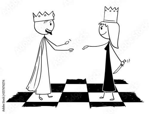 Cartoon stick figure drawing conceptual illustration of white chess king is warmly welcoming black queen hiding knife and pretending friendship.